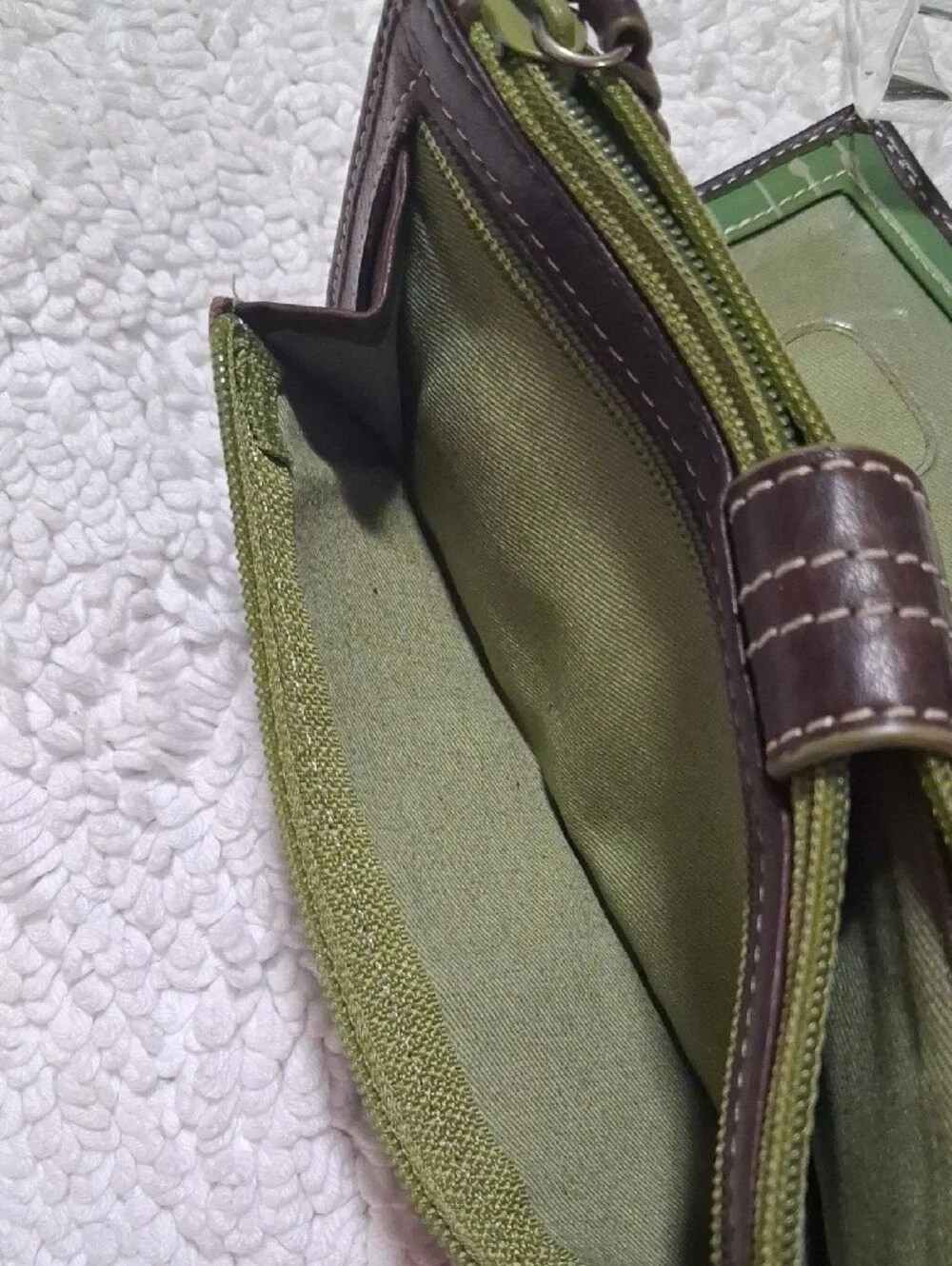 Fossil Dark Brown Wallet with Olive Green Zip Accent